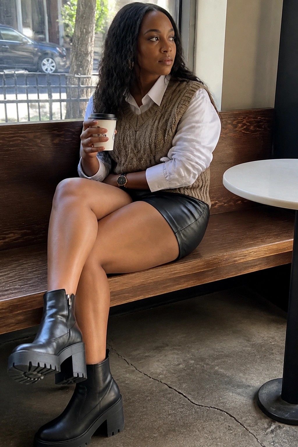 Woman in brown knit vest and black leather skirt holding coffee on wooden bench