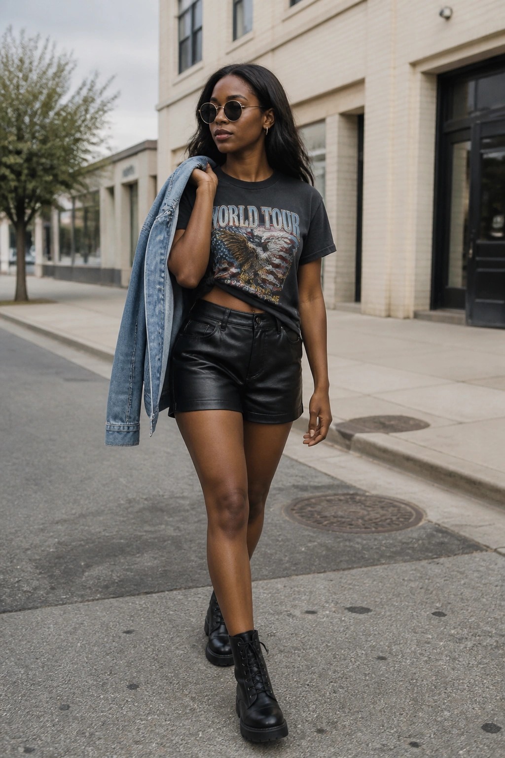 Woman in black leather shorts and eagle graphic tee carrying denim jacket on sidewalk