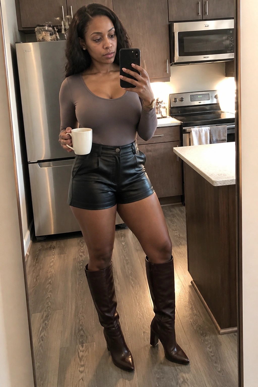 Woman in taupe bodysuit and black leather shorts holds mug in kitchen