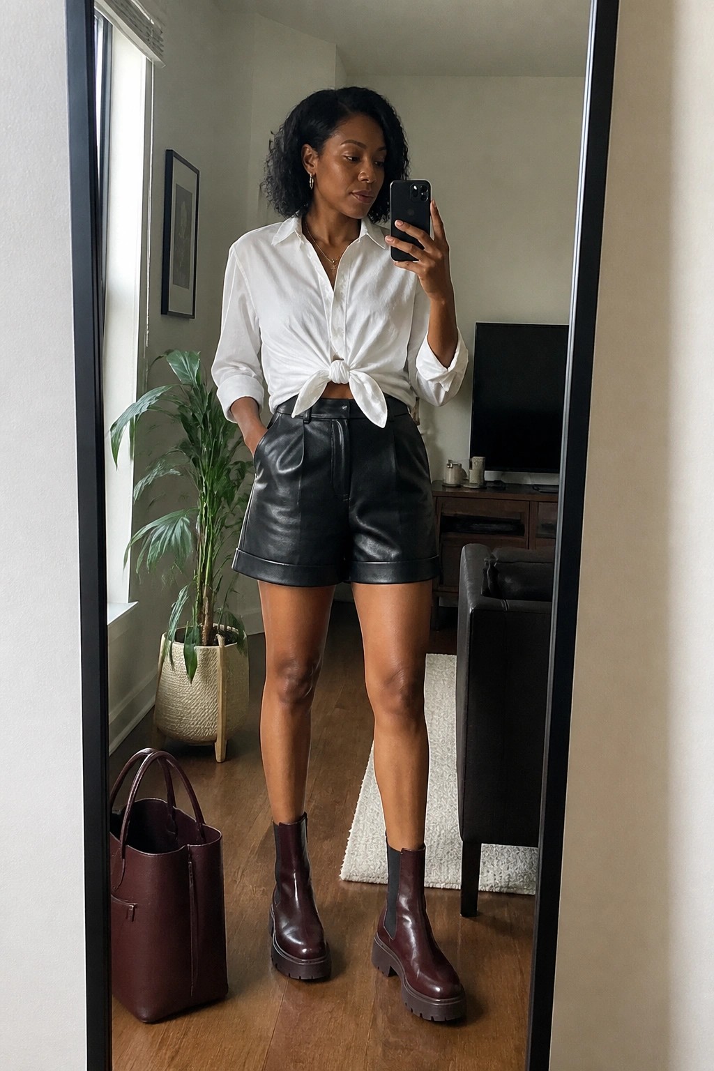 Woman taking mirror selfie in white knotted shirt, black leather shorts, and maroon boots