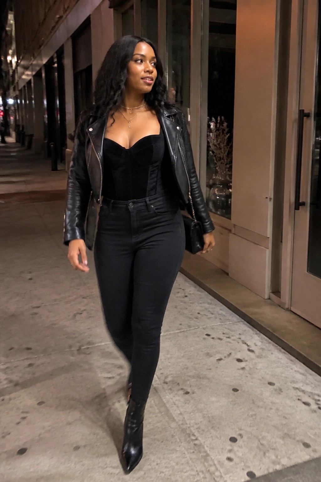 Woman in black velvet corset top under black leather jacket with black jeans and pointed toe boots plus layered gold necklaces and small black purse.