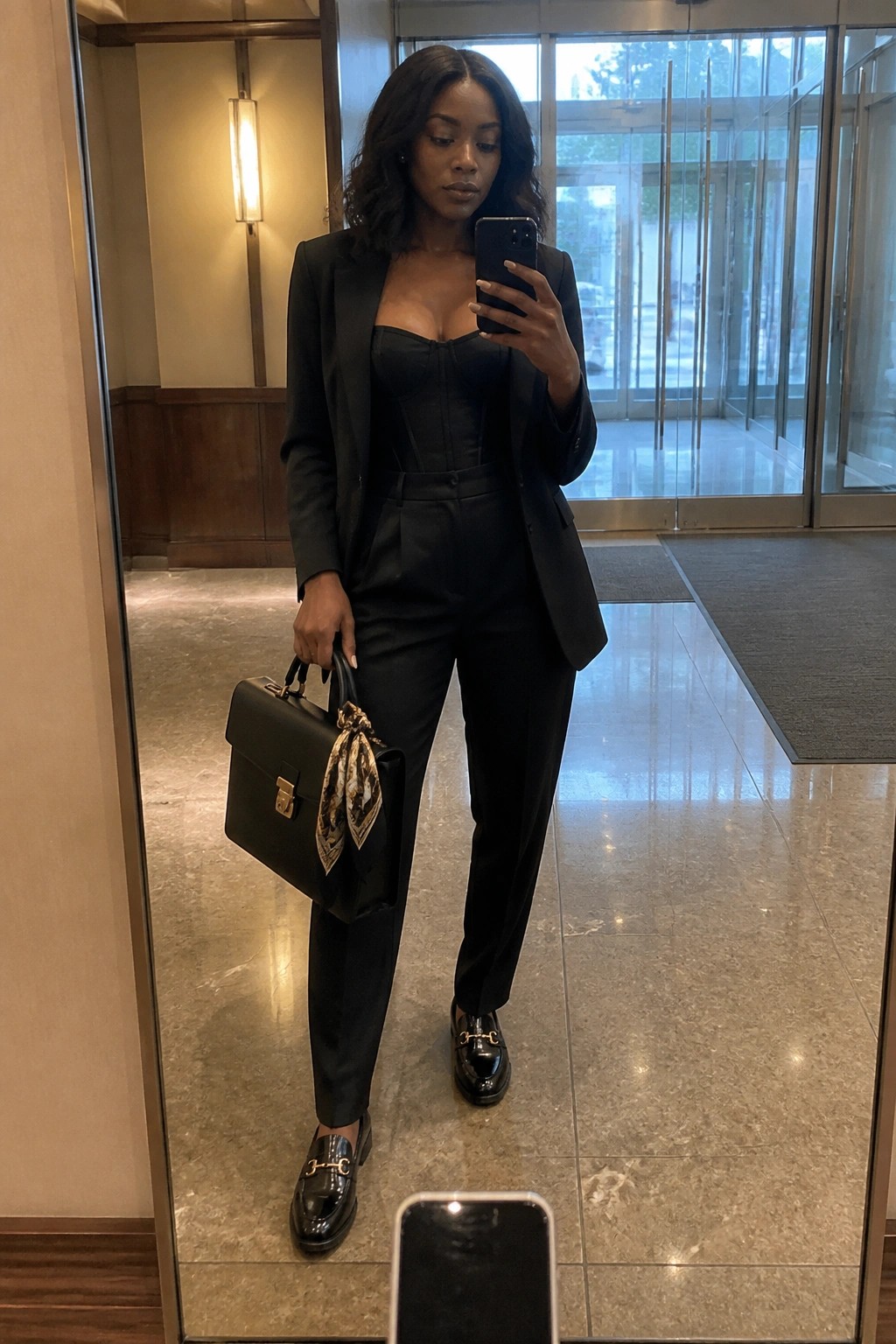 Woman in black blazer and corset taking mirror selfie with handbag in lobby