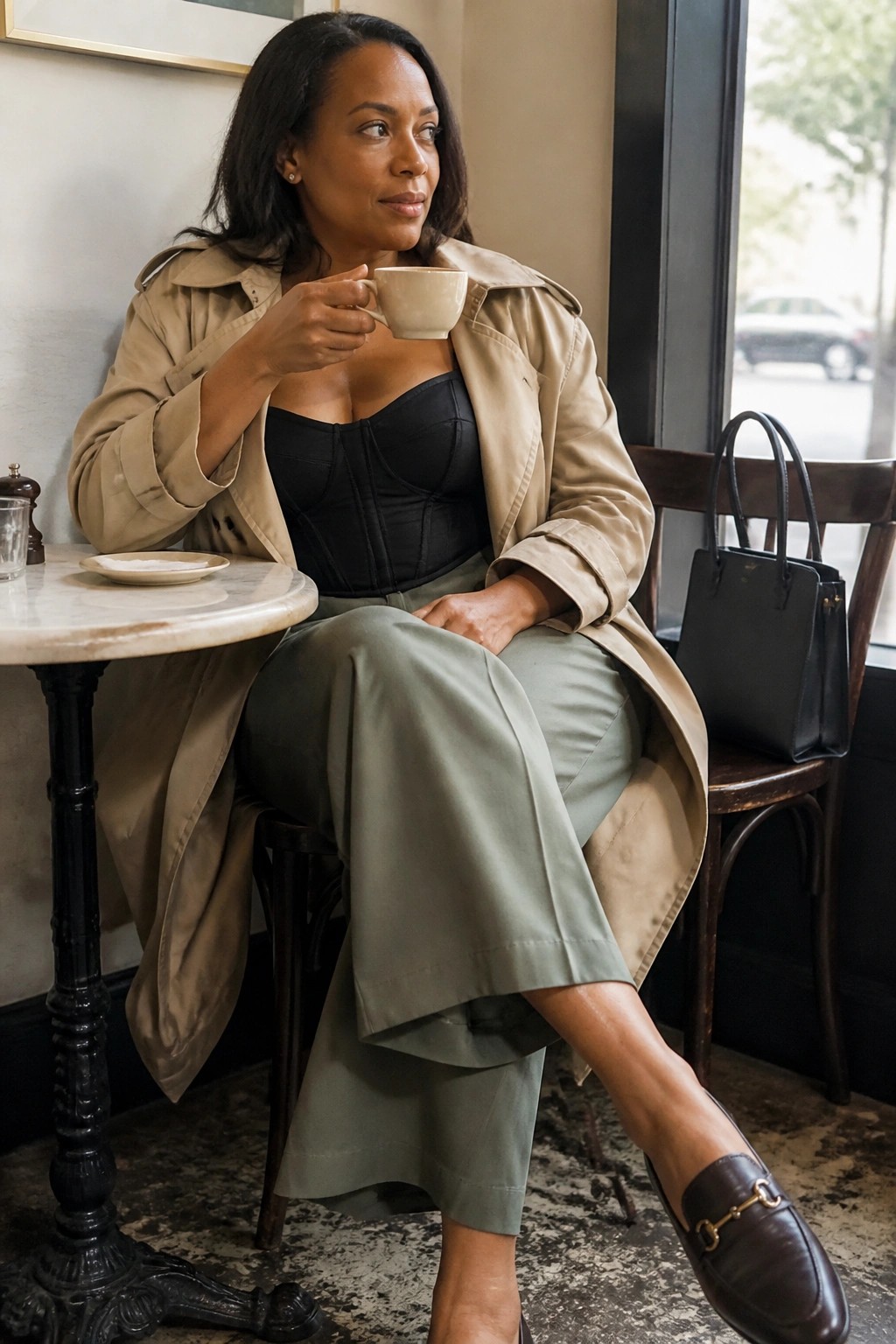 Woman in beige trench coat over black corset sips coffee at cafe table.