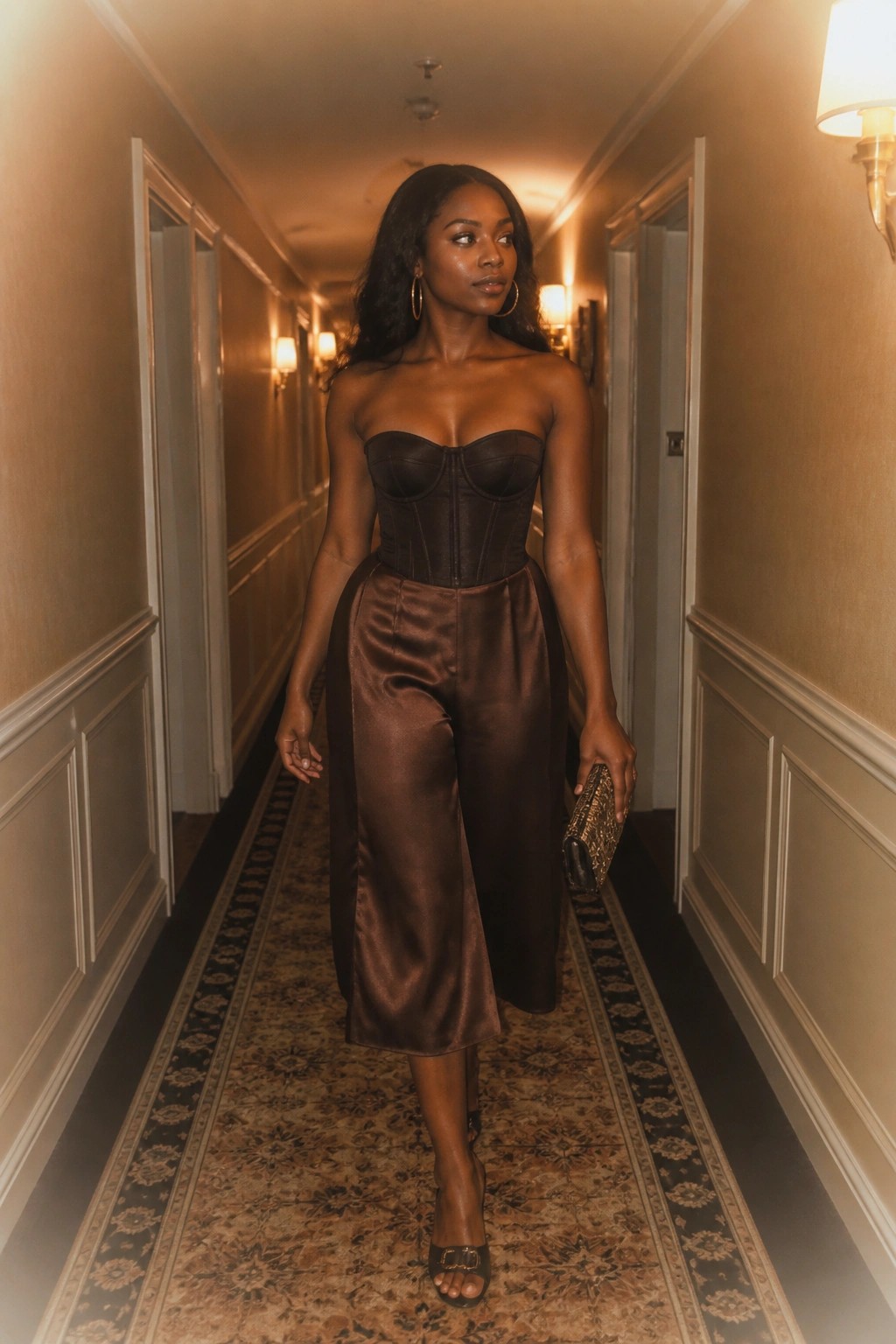 Woman in brown corset and satin pants walking through elegant hallway