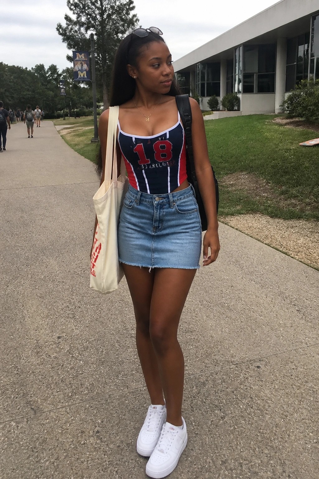Young woman in navy-red