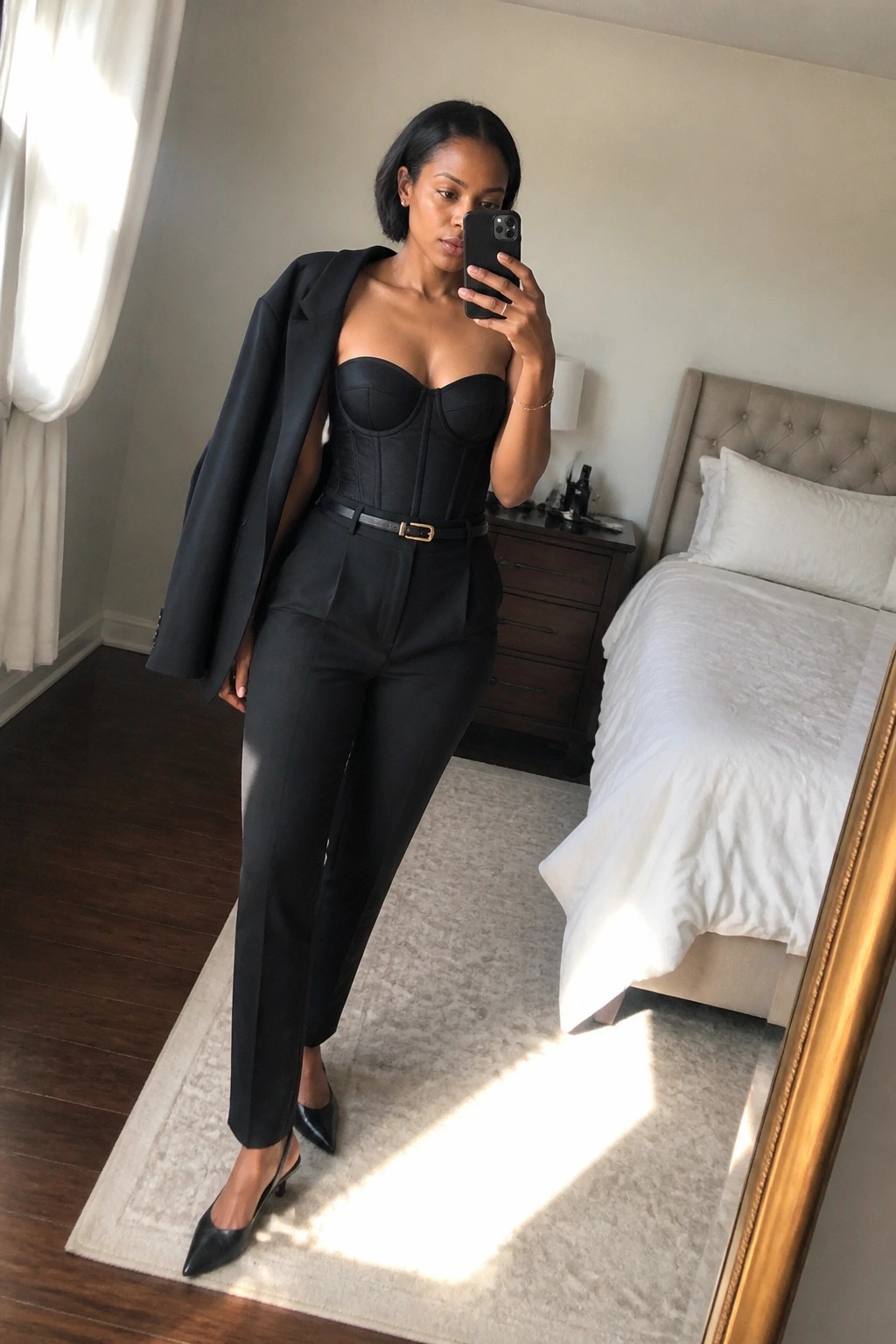 Woman in black corset top and trousers taking bedroom mirror selfie with blazer draped over shoulder