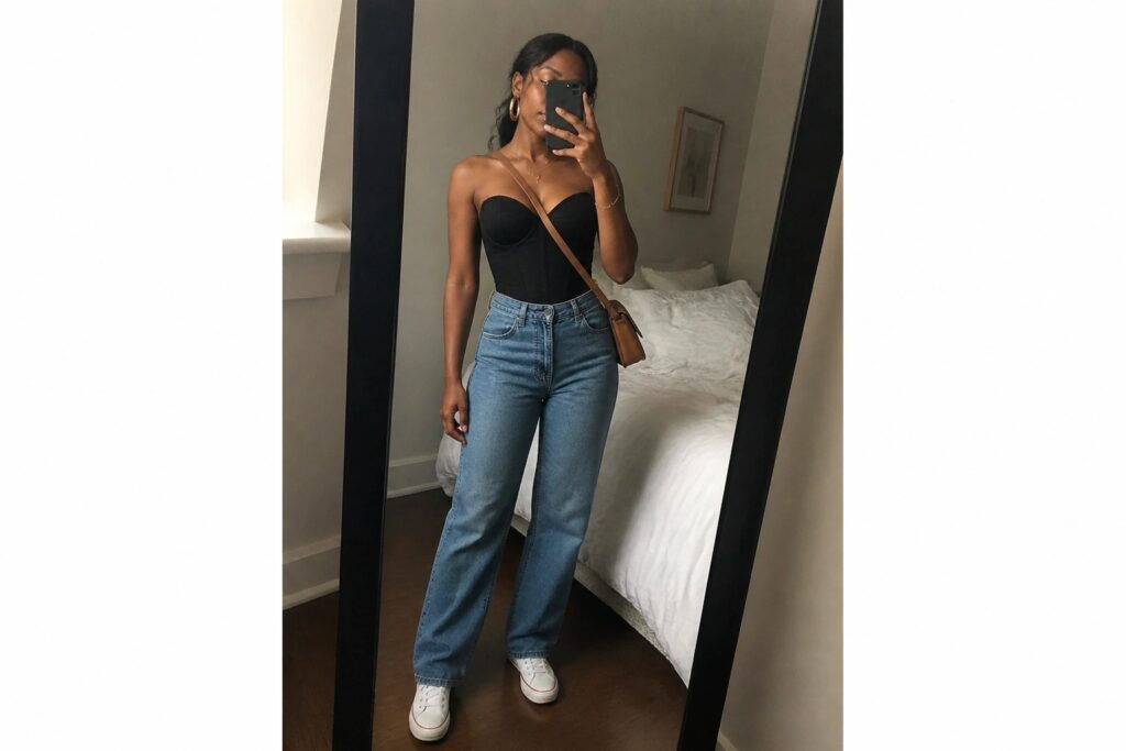 23 Bold Black Corset Outfit Ideas for Black Women From Day to Night Woman in black corset top and blue wide-leg jeans taking mirror selfie in bedroom