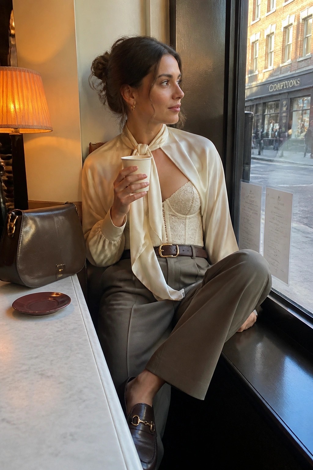 Woman in cream satin blouse and lace corset seated at cafe window with coffee
