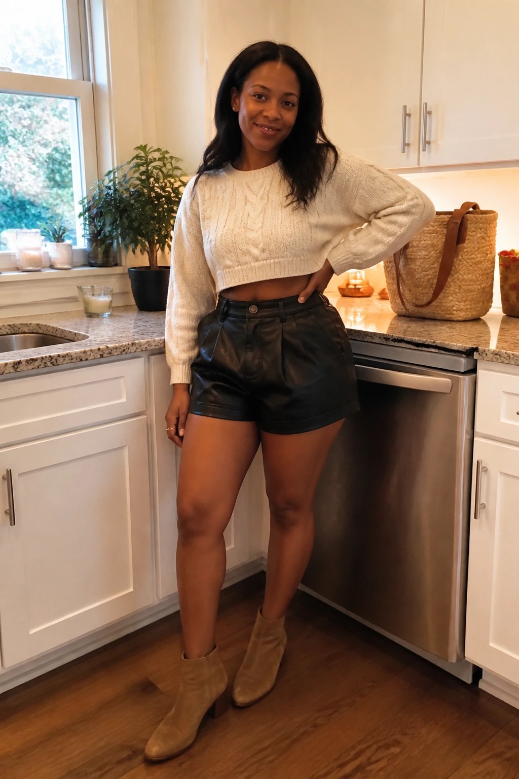 Woman in white cropped sweater and black leather shorts posing in kitchen
