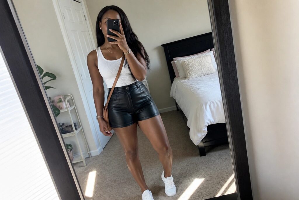 Woman in white tank top and black leather shorts taking mirror selfie in bedroom