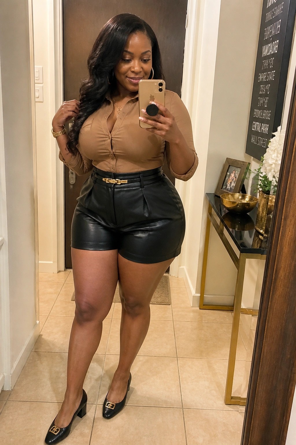Curvy woman in tan shirt and black leather shorts taking mirror selfie in hallway.