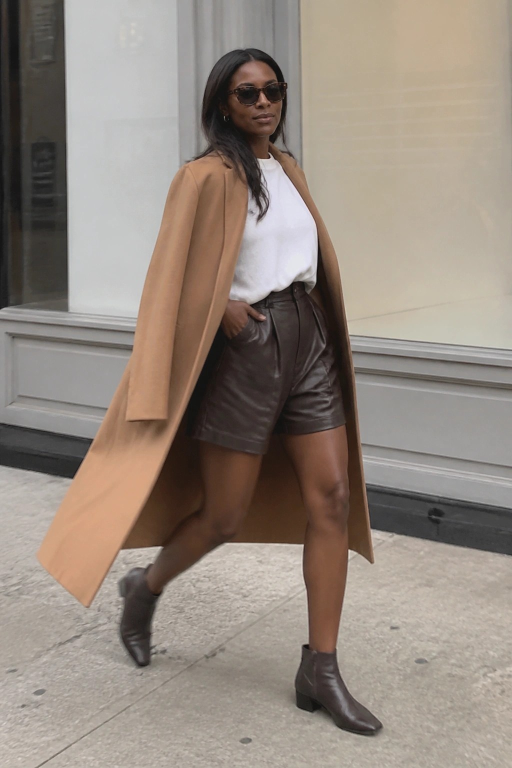 Woman in camel coat, white tee, brown leather shorts, and boots on sidewalk