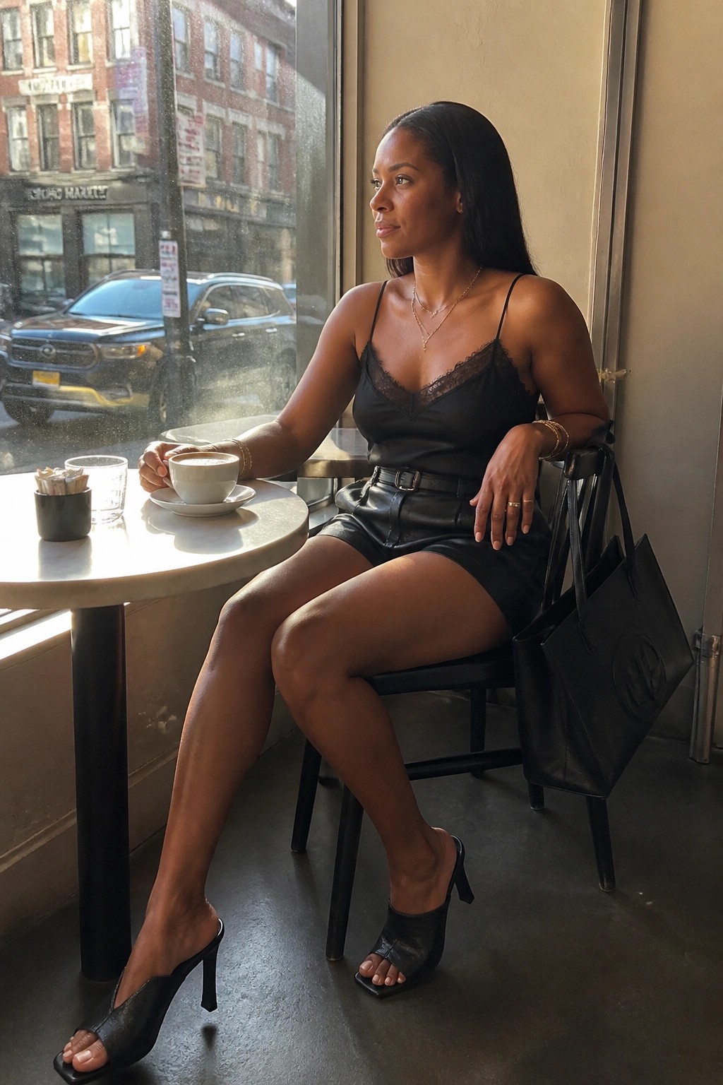 Woman in black lace camisole and leather shorts at sunny cafe window with coffee and tote bag
