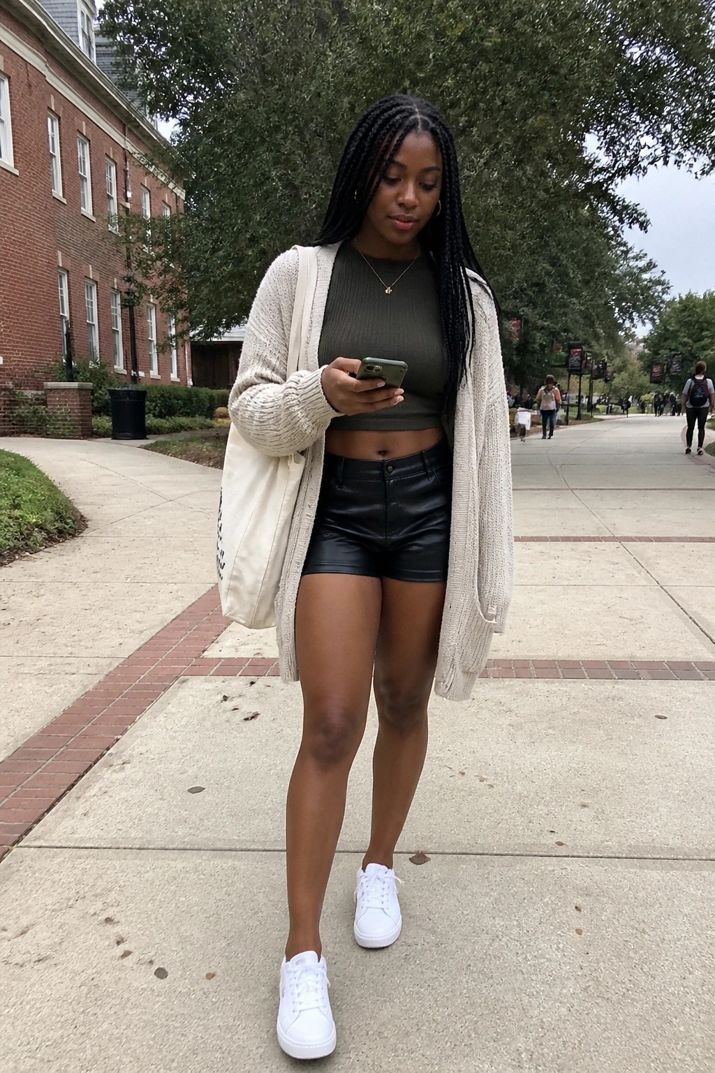 Woman with long braids in green crop top, cream cardigan, and black shorts checks phone outdoors