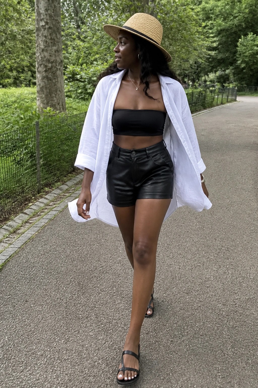 Woman in straw hat, open white shirt, black top and shorts on park path