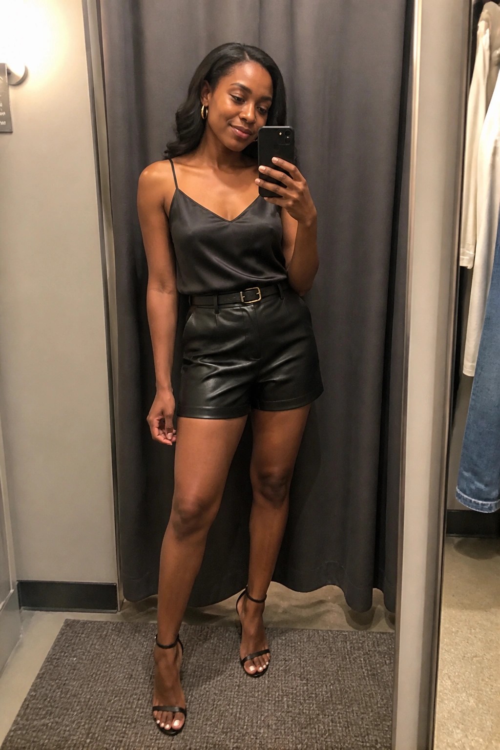Woman in black satin camisole and leather shorts taking mirror selfie with phone