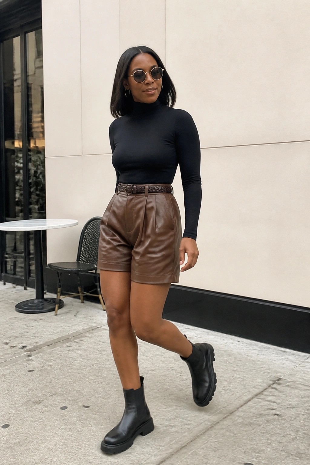 Woman in black turtleneck, brown leather shorts, and boots on city sidewalk