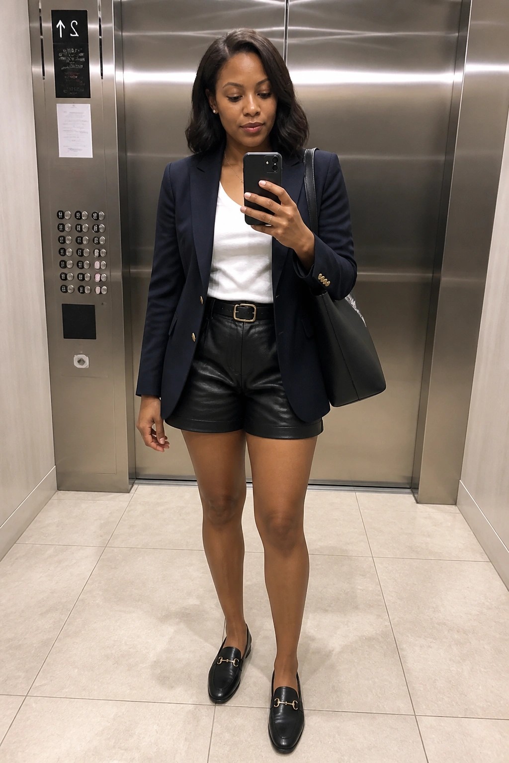 Woman in navy blazer, white top, and black leather shorts holds phone in elevator.
