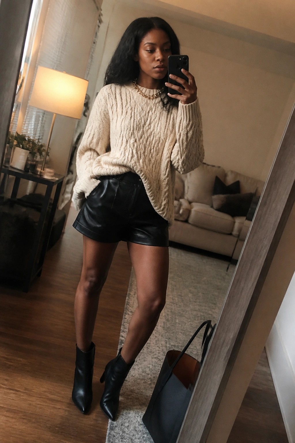 Woman in cream cable-knit sweater and black leather shorts taking mirror selfie with boots