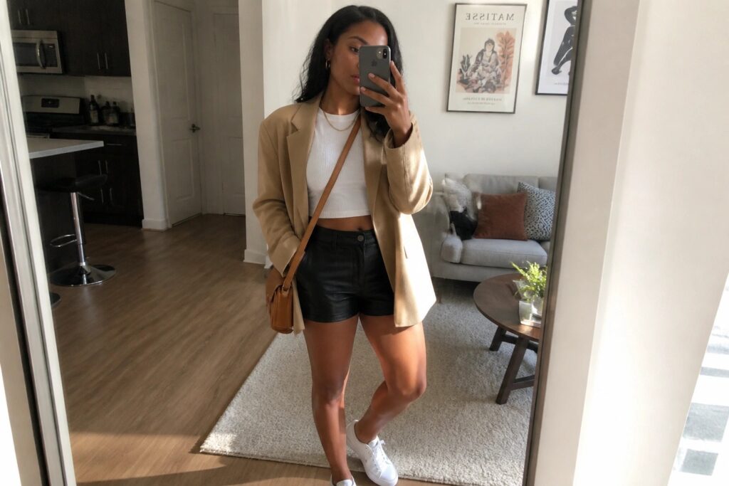 23 Cool Leather Shorts Street Style Ideas for Black Women Woman in tan blazer, white crop top, black leather shorts taking mirror selfie in apartment