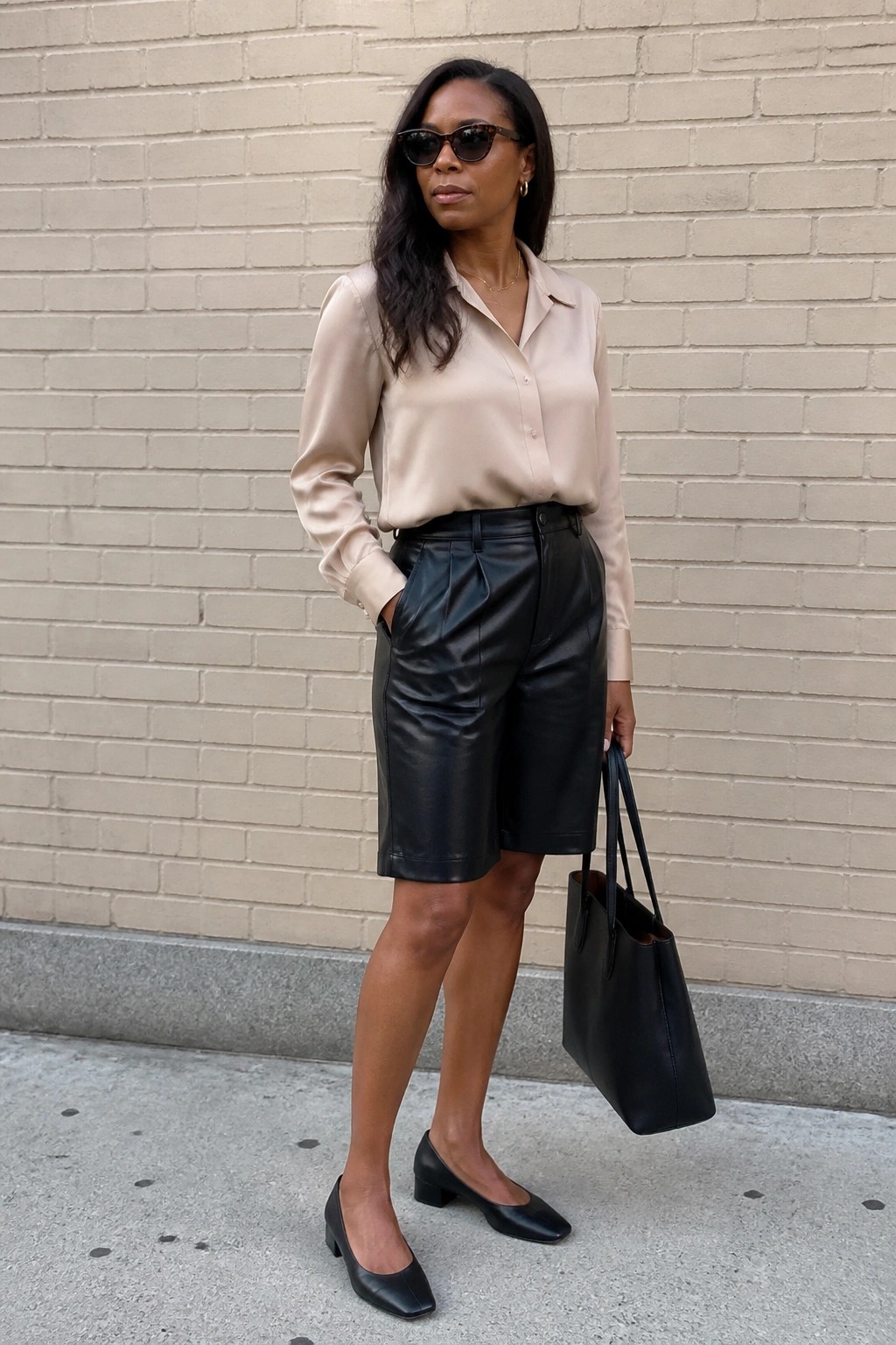 Woman in beige satin blouse and black leather shorts holding a tote bag