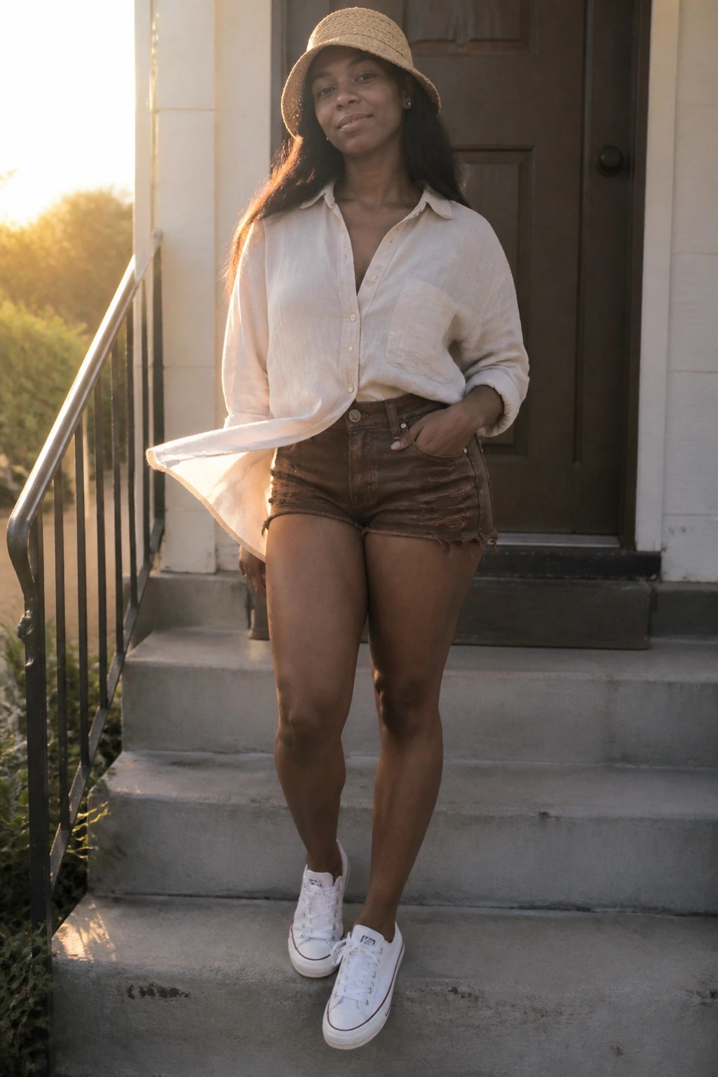 Woman in straw hat, white shirt, and brown shorts stands on concrete steps.