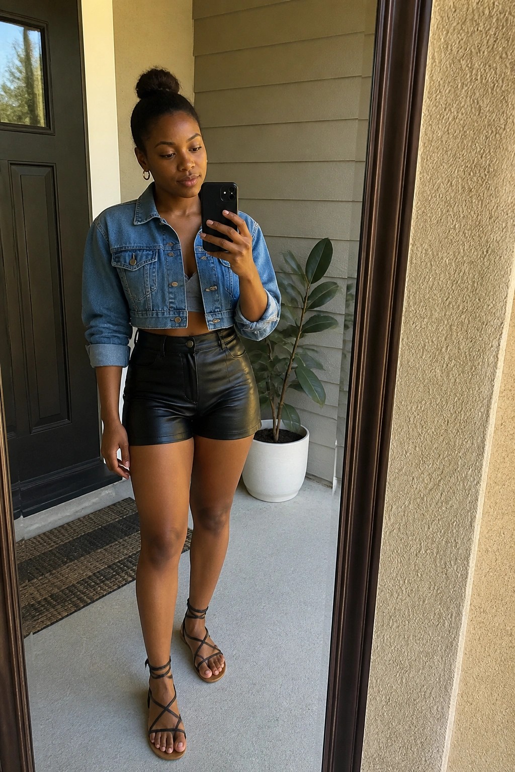 Woman in cropped denim jacket and black shorts taking mirror selfie on porch