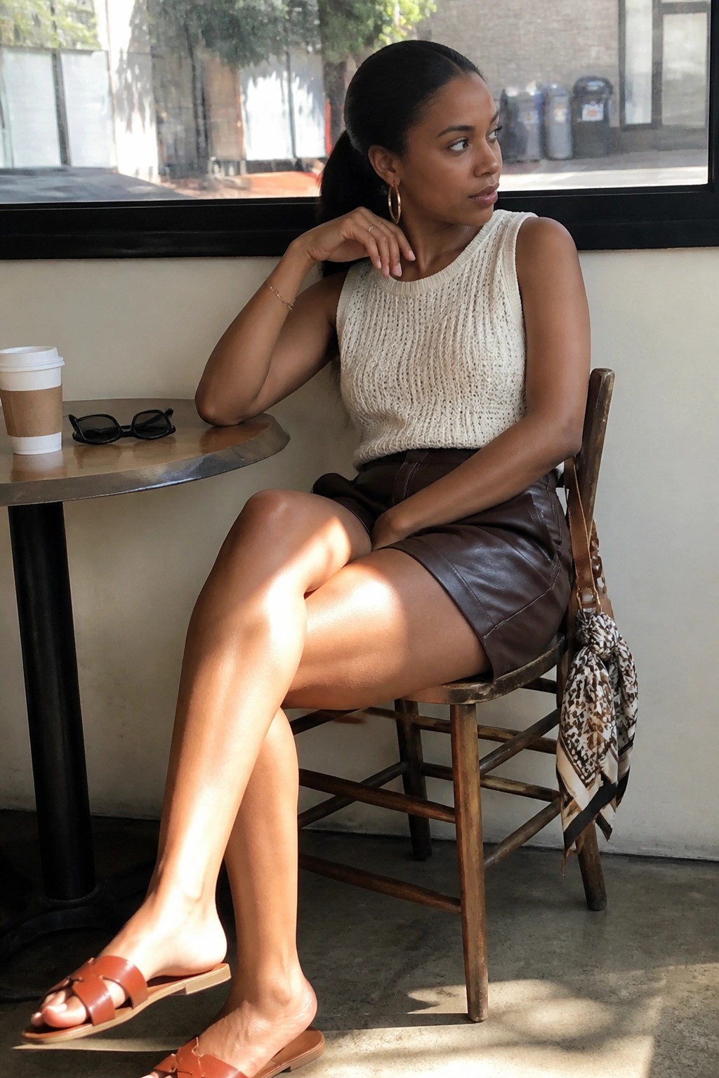 Woman in cream knit top and brown leather skirt seated at sunny cafe table.