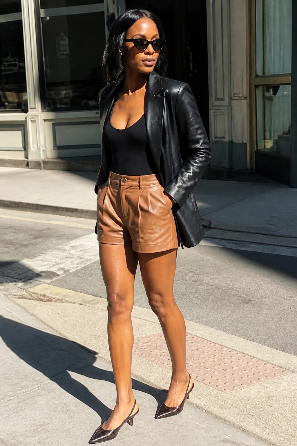 A Black woman in brown leather shorts, black leather blazer over a black tank, tortoiseshell slingback heels, and sunglasses standing on a sidewalk.