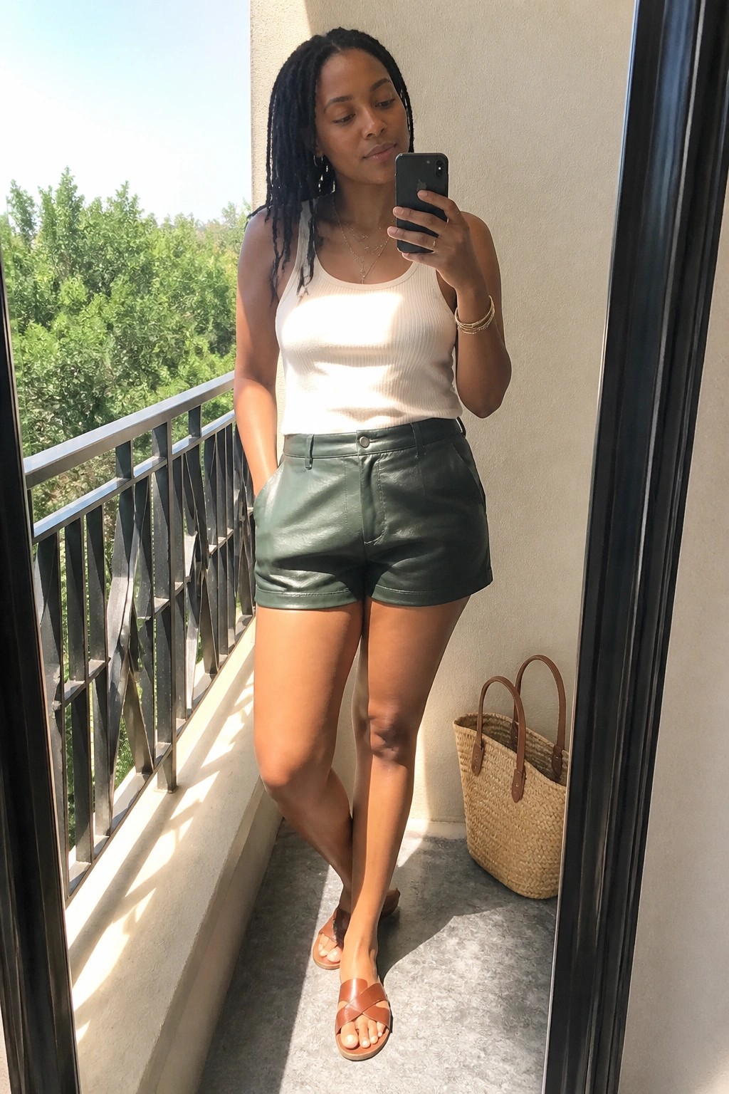 Woman in white tank top and green leather shorts taking balcony selfie with phone