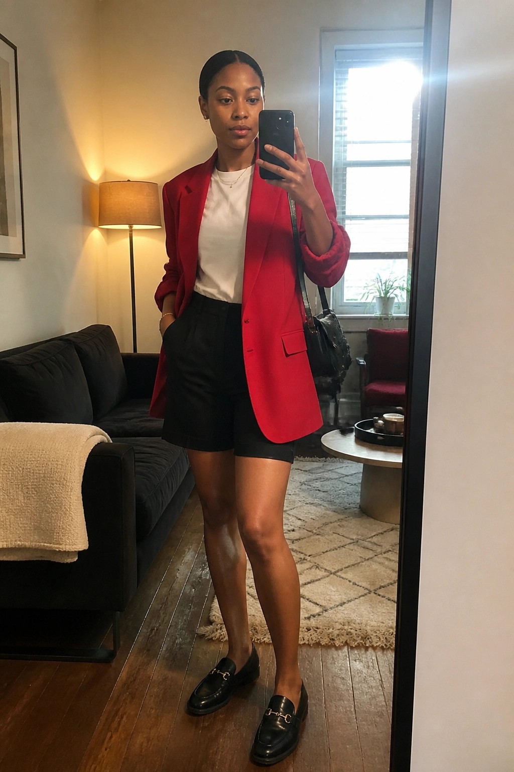 Woman in red blazer and black shorts taking mirror selfie in living room