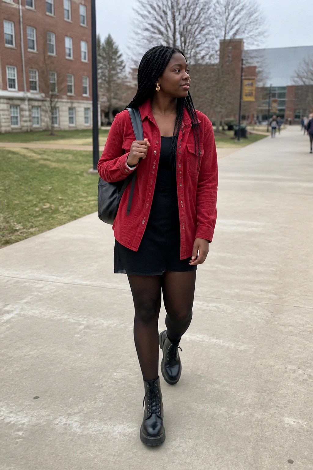 Woman in red corduroy jacket and black dress walking on campus path