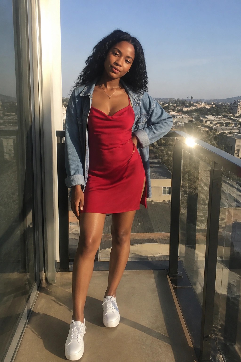 Woman in red satin dress and denim jacket on sunny city balcony
