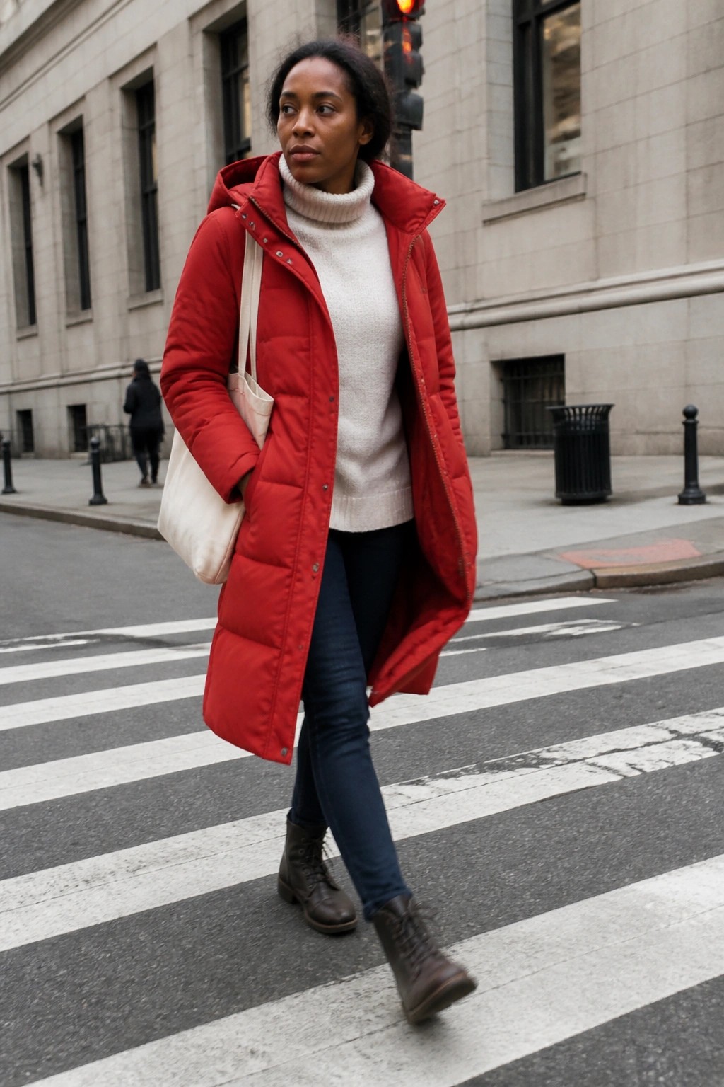 Woman in long red puffer coat over white turtleneck crossing city street