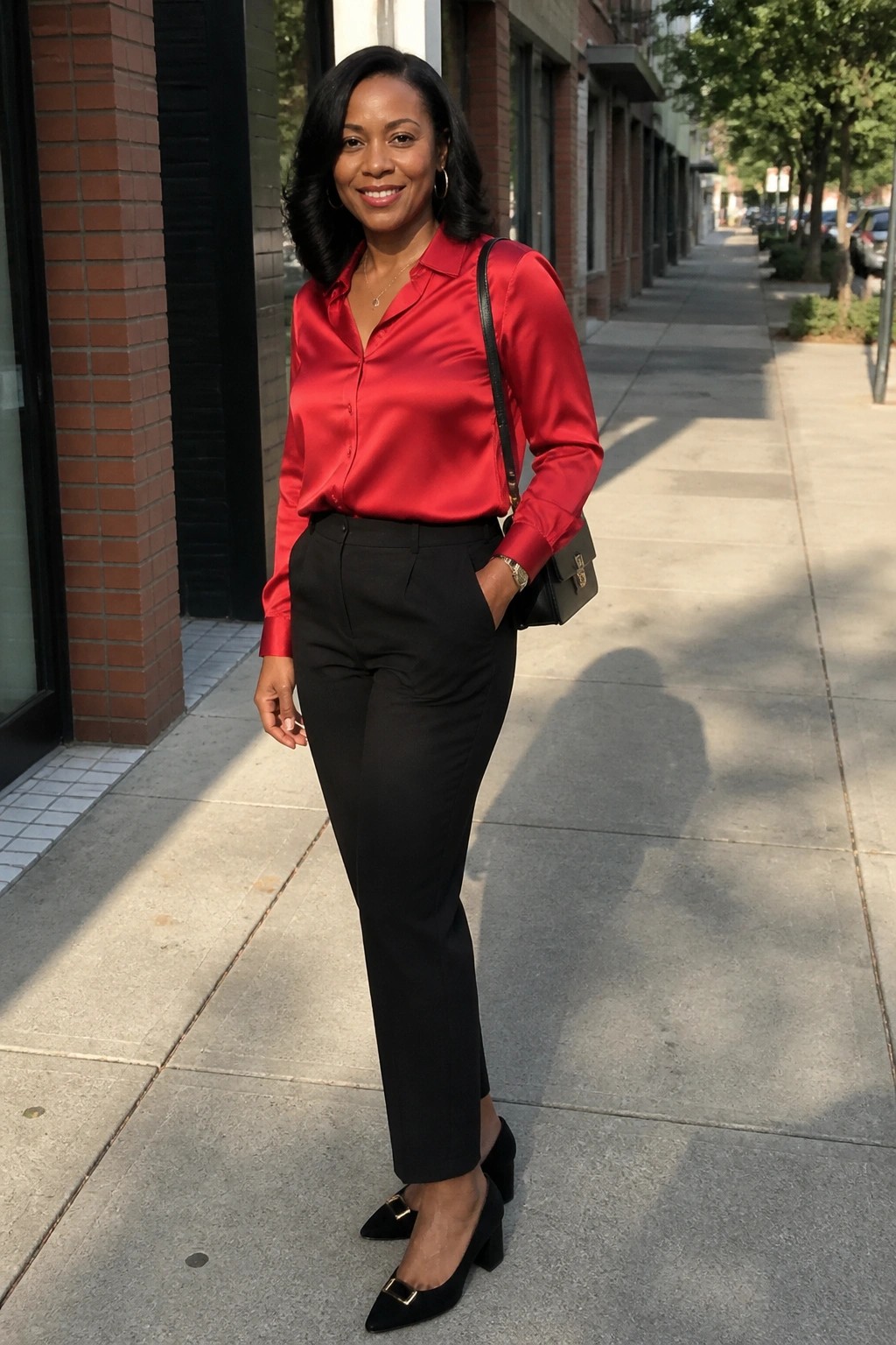 Woman in red satin blouse and black pants on city sidewalk.