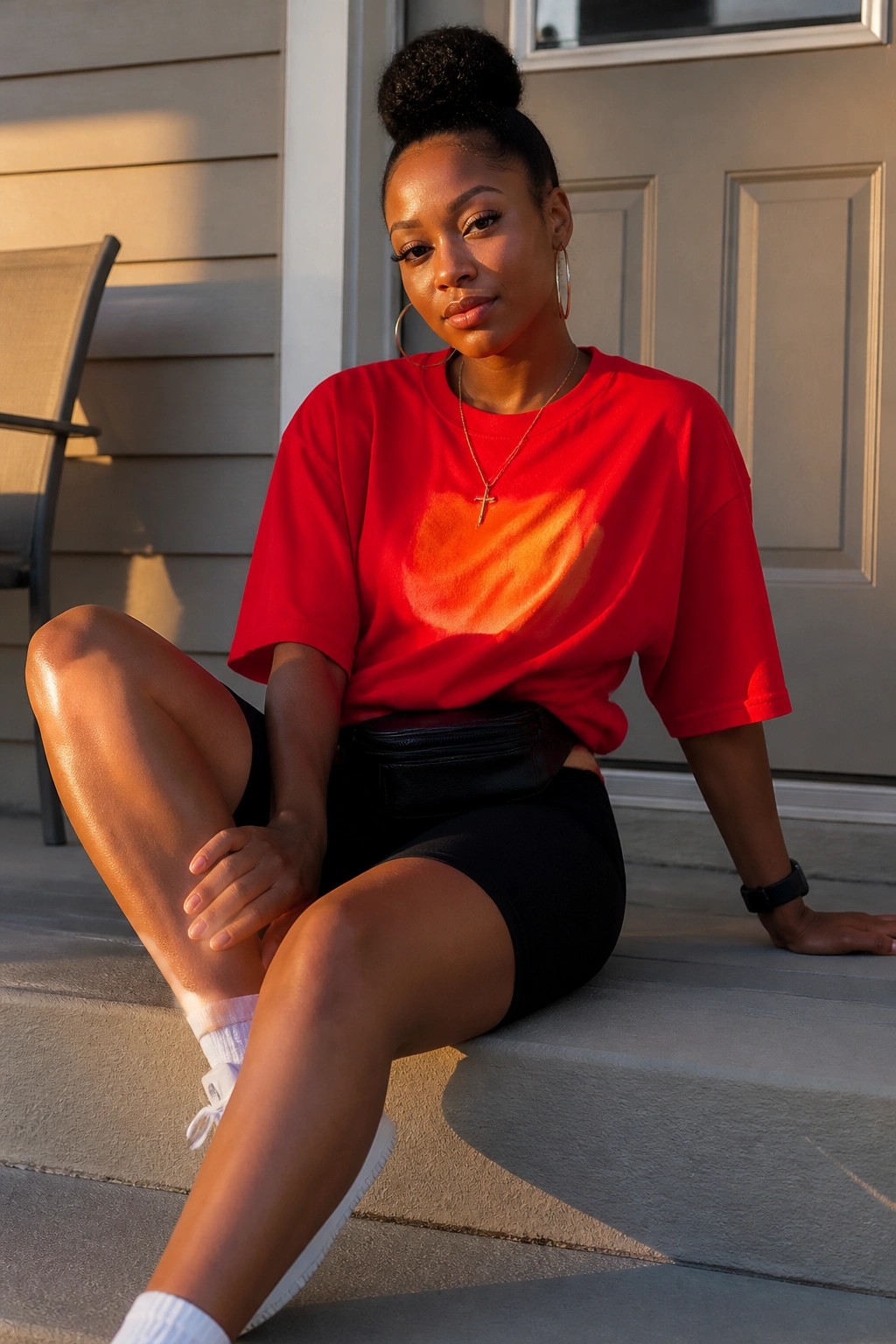 Woman in red t-shirt with heart-shaped sunlight sits on porch steps