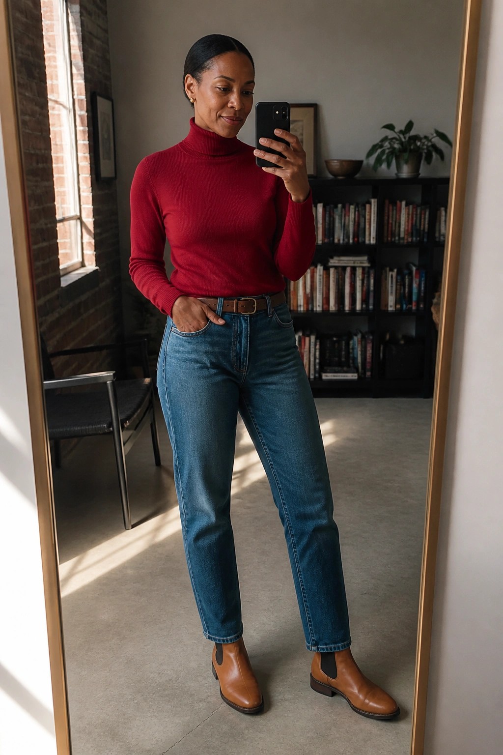 Woman in red turtleneck and jeans takes mirror selfie in brown boots.