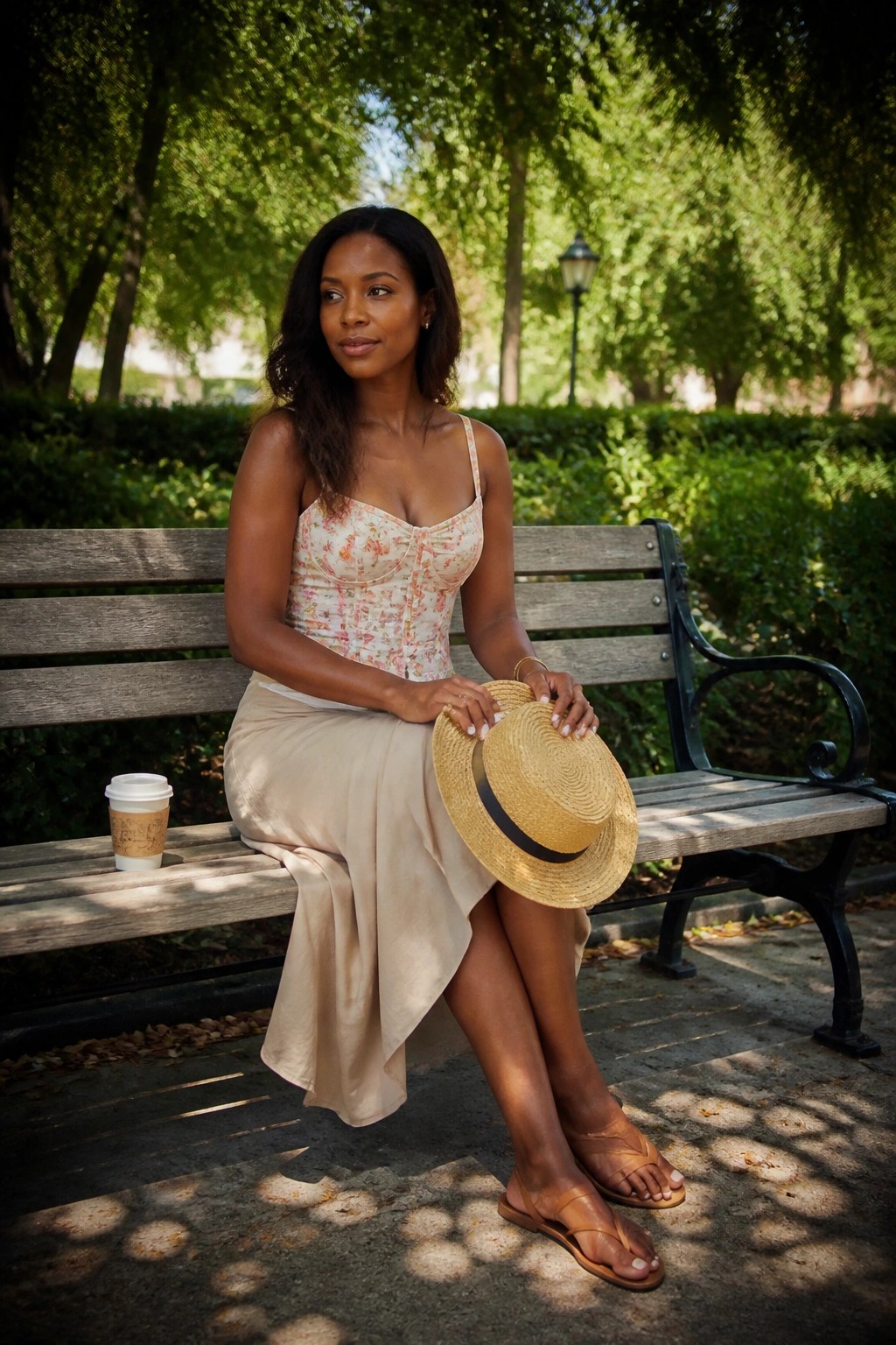 Woman in floral corset top and beige midi skirt seated on bench holding straw hat with sandals and coffee nearby.