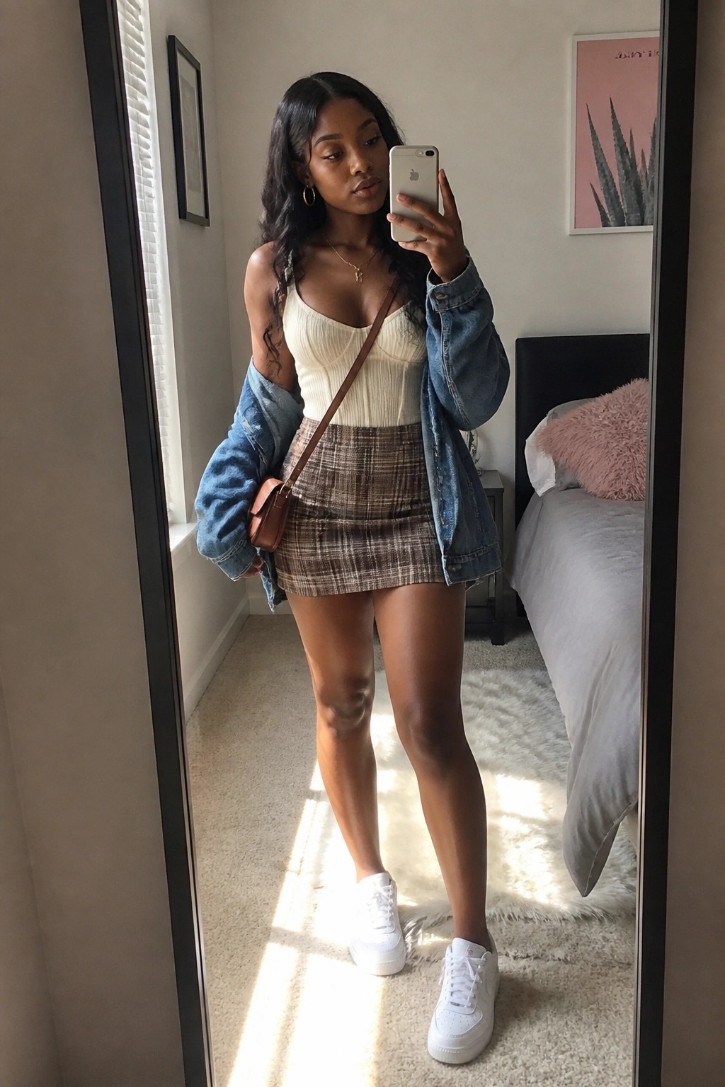 Woman in cream top, plaid mini skirt, and denim jacket taking mirror selfie in bedroom