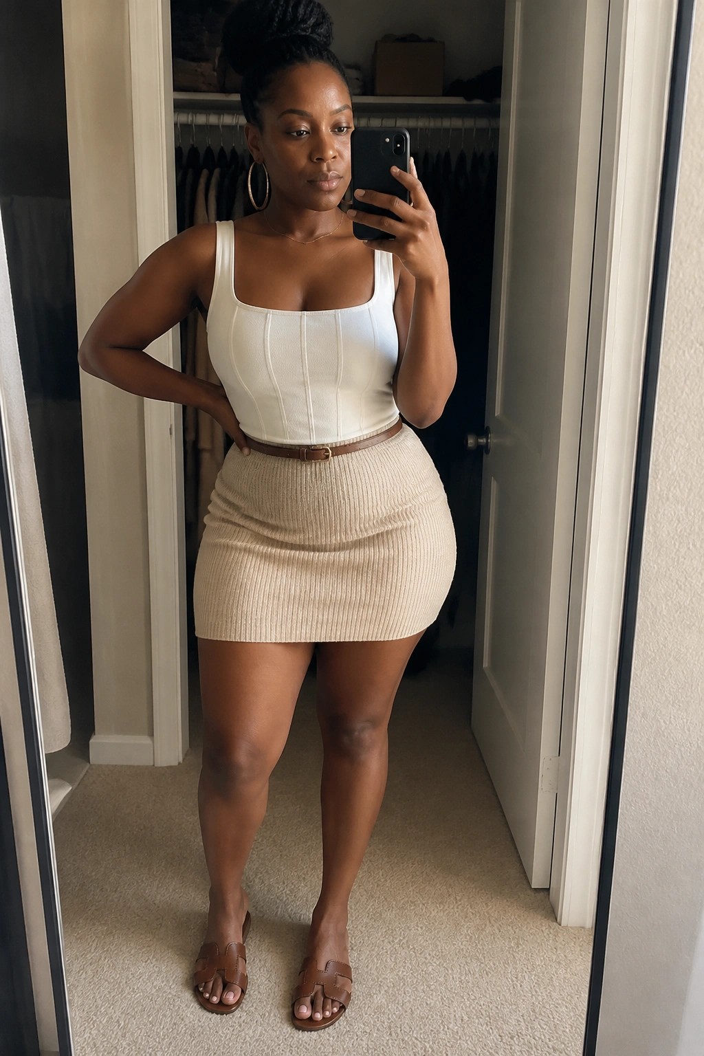 Woman in white corset top and beige ribbed mini skirt taking mirror selfie in closet