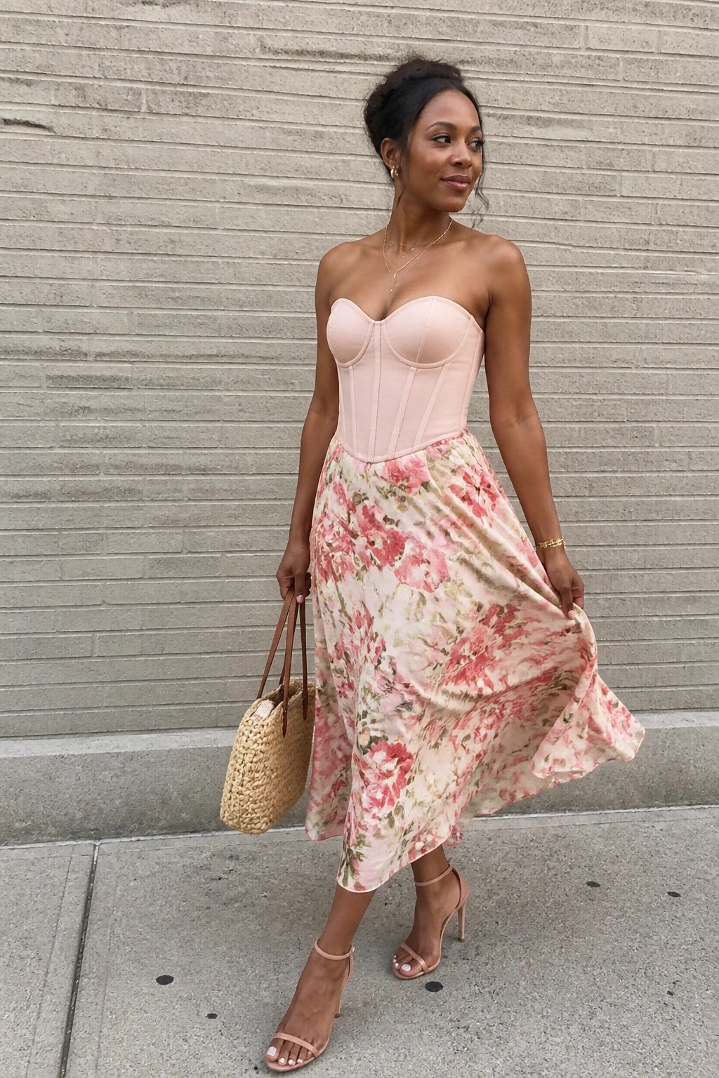 Woman in strapless light pink corset top and pink floral midi skirt holding a woven bag while wearing nude heels.