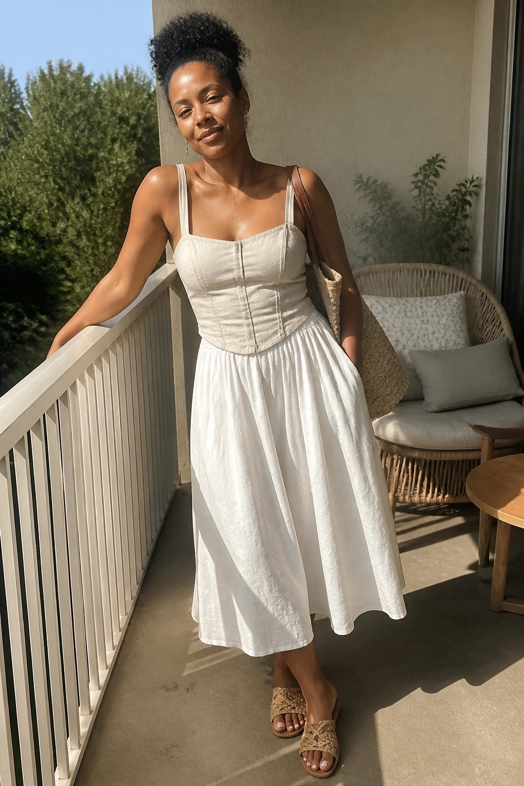 Woman in white corset dress on sunny balcony with woven bag