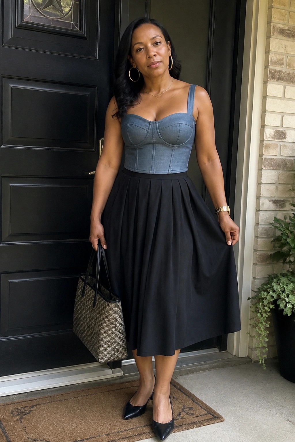 Woman in denim corset top and black skirt holding woven tote at black door