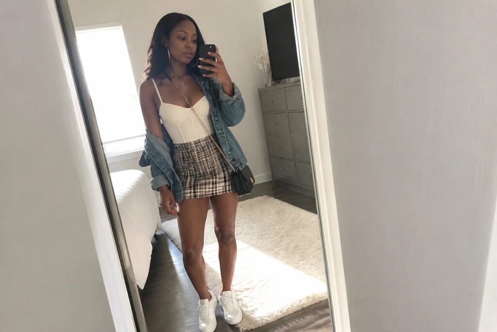 22 Cute Corset and Skirt Outfit Ideas for Black Women Featuring Mini and Midi Styles Woman in cream top, plaid mini skirt, and denim jacket taking mirror selfie in bedroom