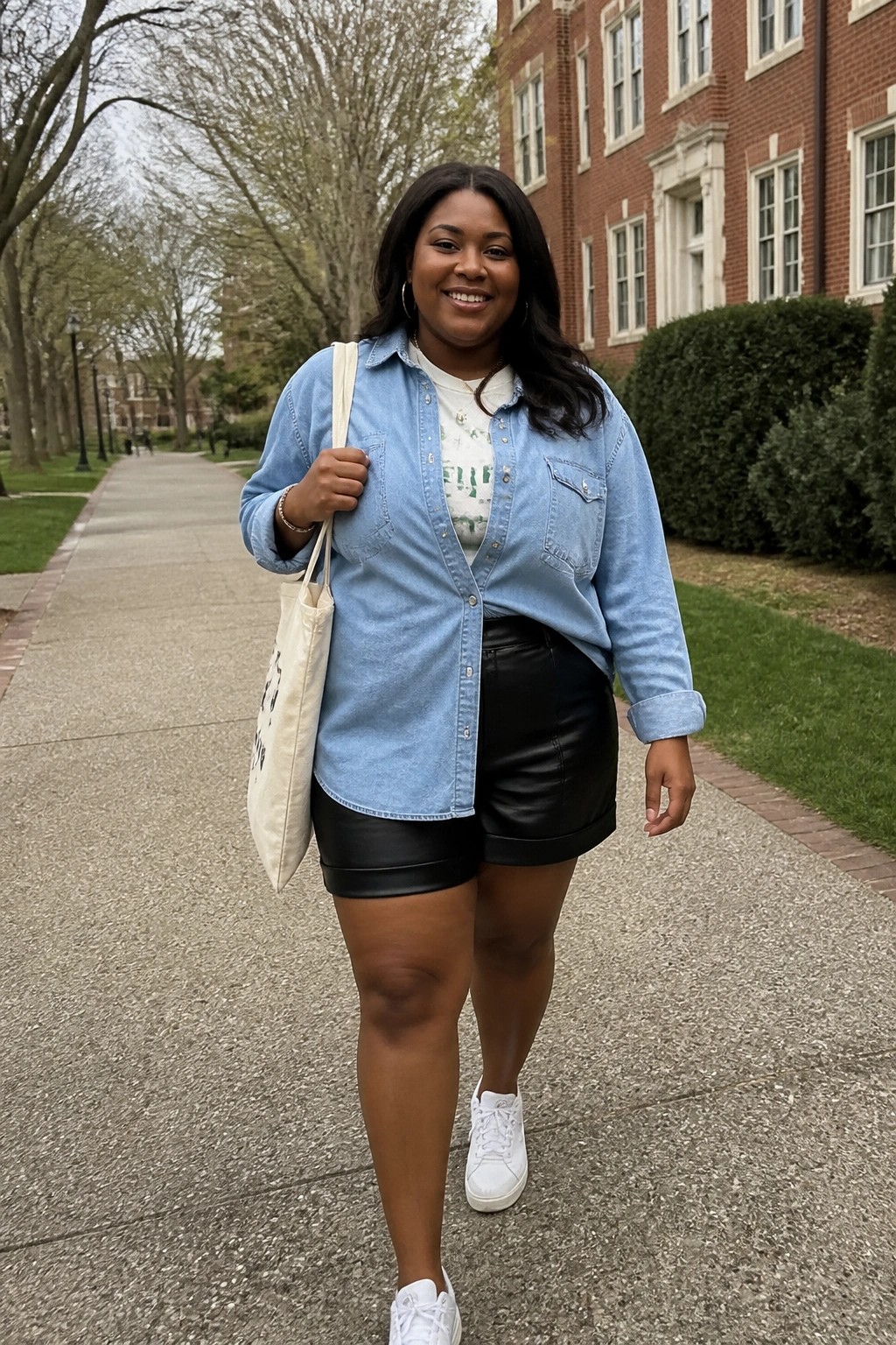 Plus size black woman in light blue chambray shirt layered over black leather shorts, white graphic tee, white sneakers and canvas tote bag.