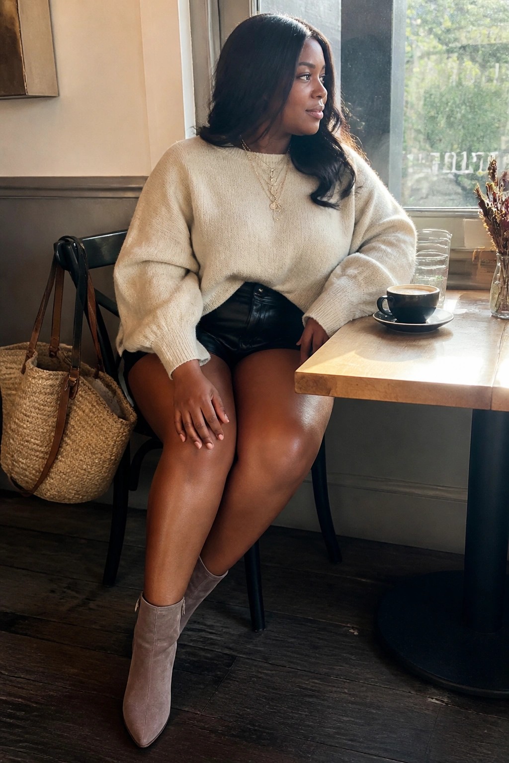 Woman in cream sweater and black shorts at cafe table with coffee and woven bag