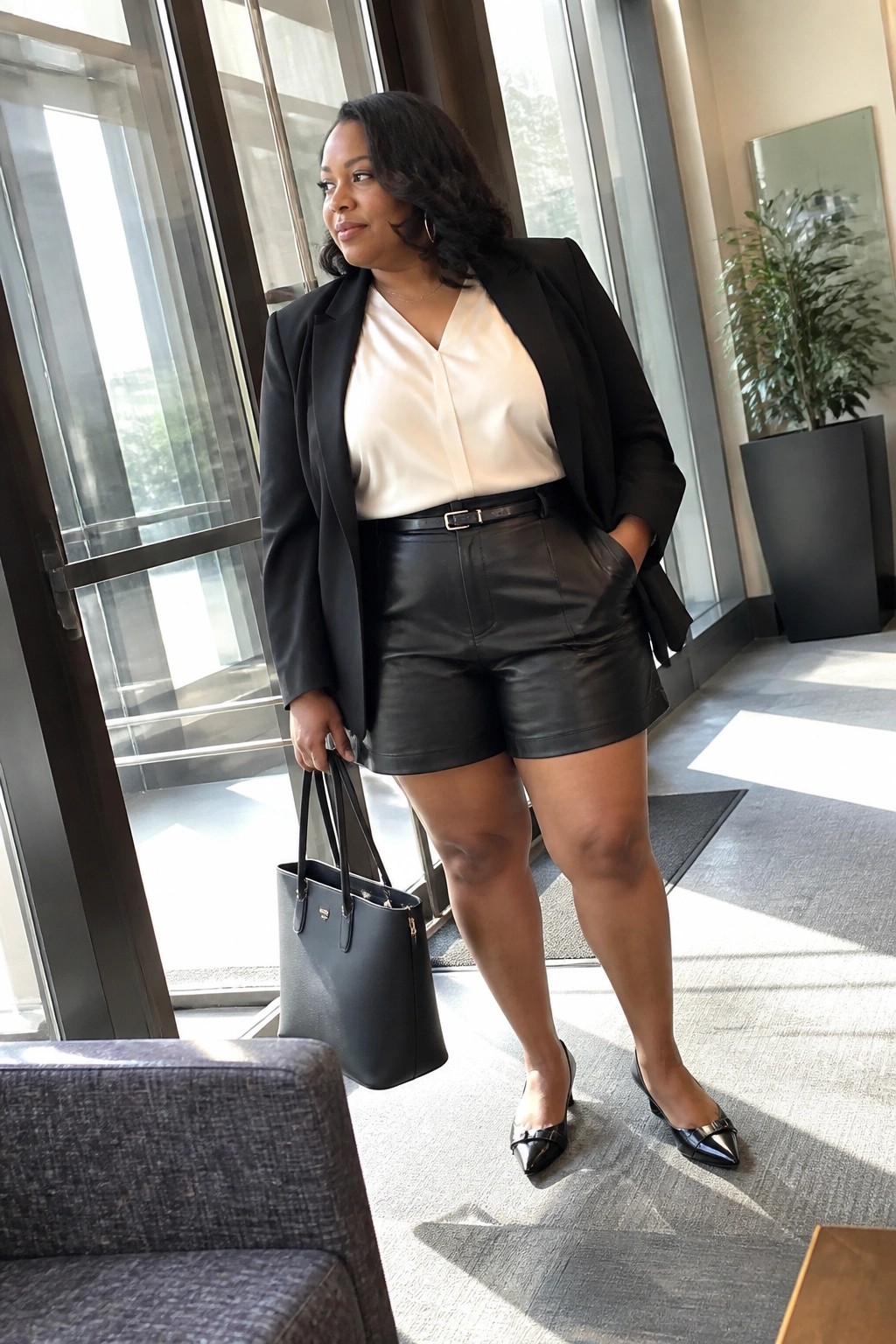 Woman in black blazer, white blouse, and leather shorts holding handbag in modern lobby.