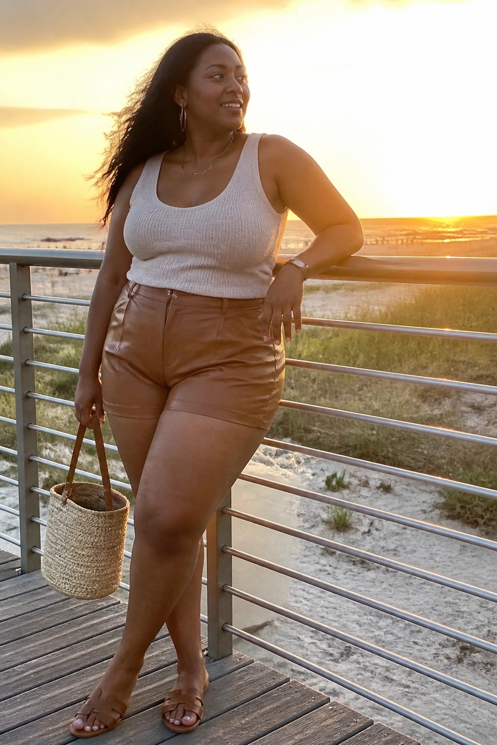 Plus size Black woman wearing brown leather shorts with a cream knit tank top, brown sandals, and a woven straw bag.