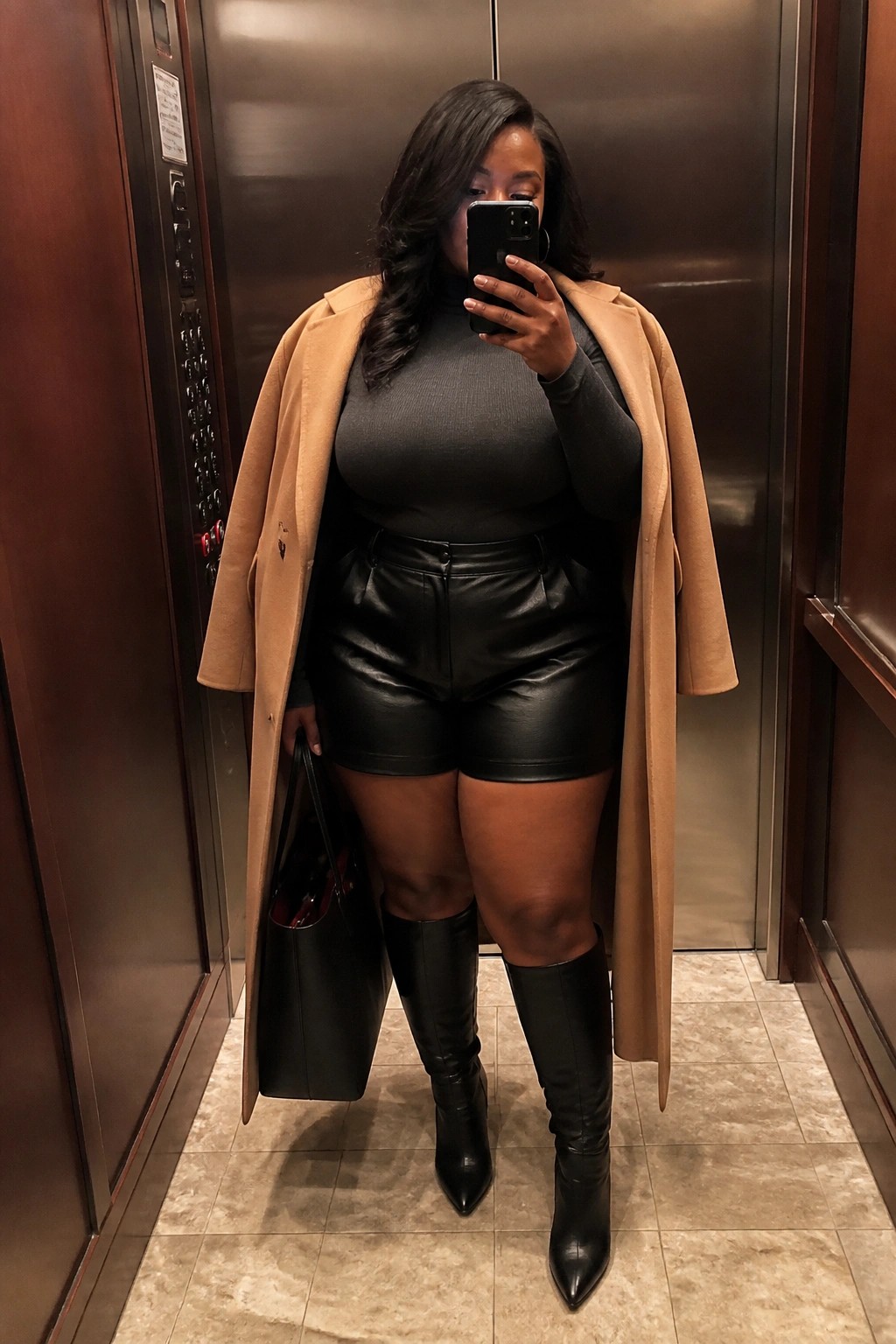 Woman in tan coat, gray top, black leather shorts taking elevator selfie