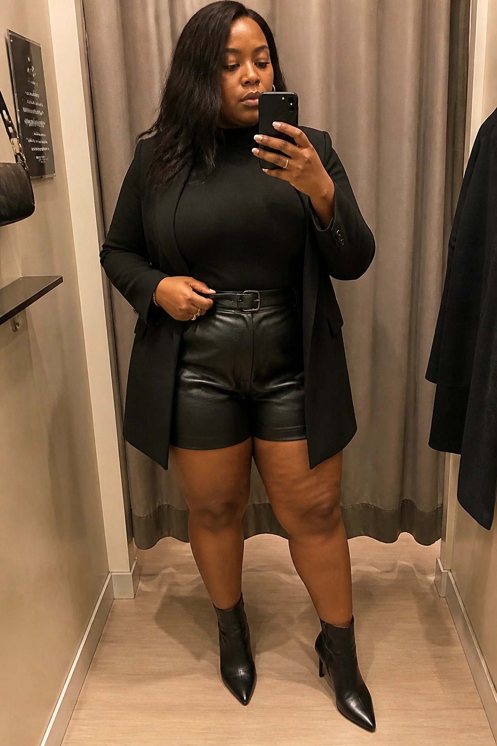 Woman in black blazer and leather shorts takes mirror selfie in fitting room